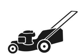 A black and white silhouette of a lawn mower on a white background.