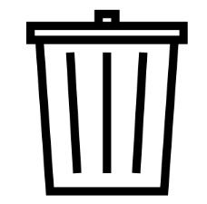 A black and white icon of a trash can on a white background.
