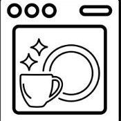 A black and white drawing of a dishwasher with plates , cups , and saucers.