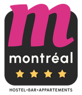 A logo for montreal hostel bar and apartments