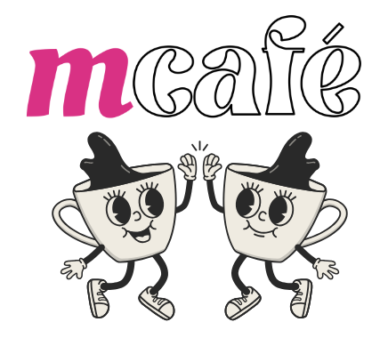 A logo for mcafe with two cups of coffee with arms and legs