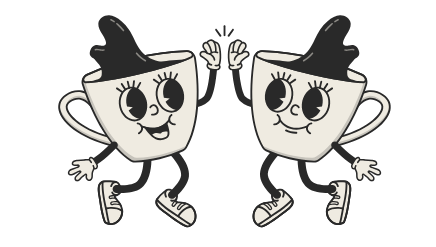 Two cups of coffee with arms and legs are giving each other a high five.