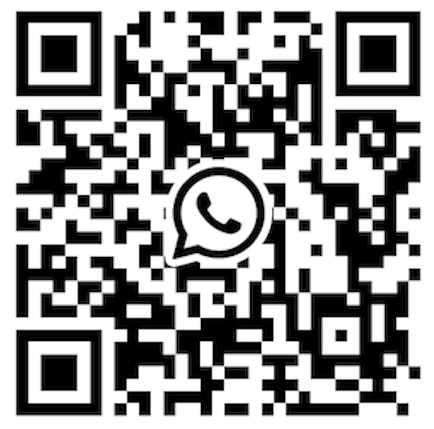 A black and white qr code with a whatsapp icon on it.