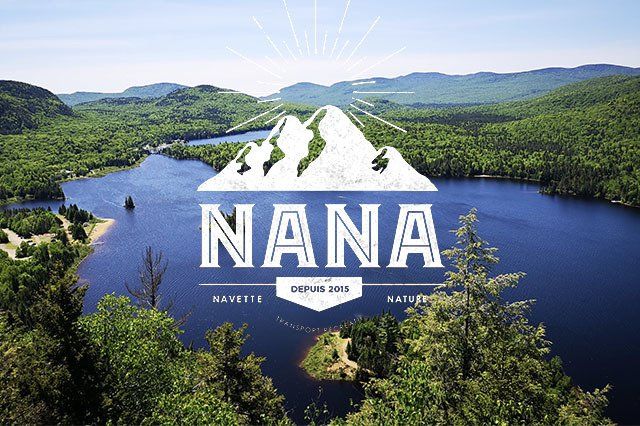 A logo for nana with a mountain and a lake in the background