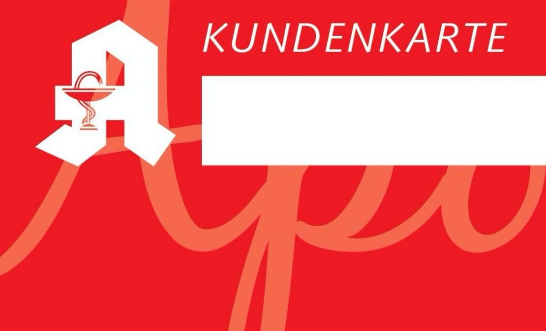 Ein roter Hintergrund mit einem weißen Apothekensymbol und den Worten „Kundenkarte“