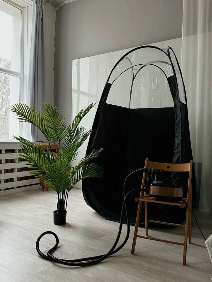 A tanning tent setup in a room with a plant and equipment on a chair.