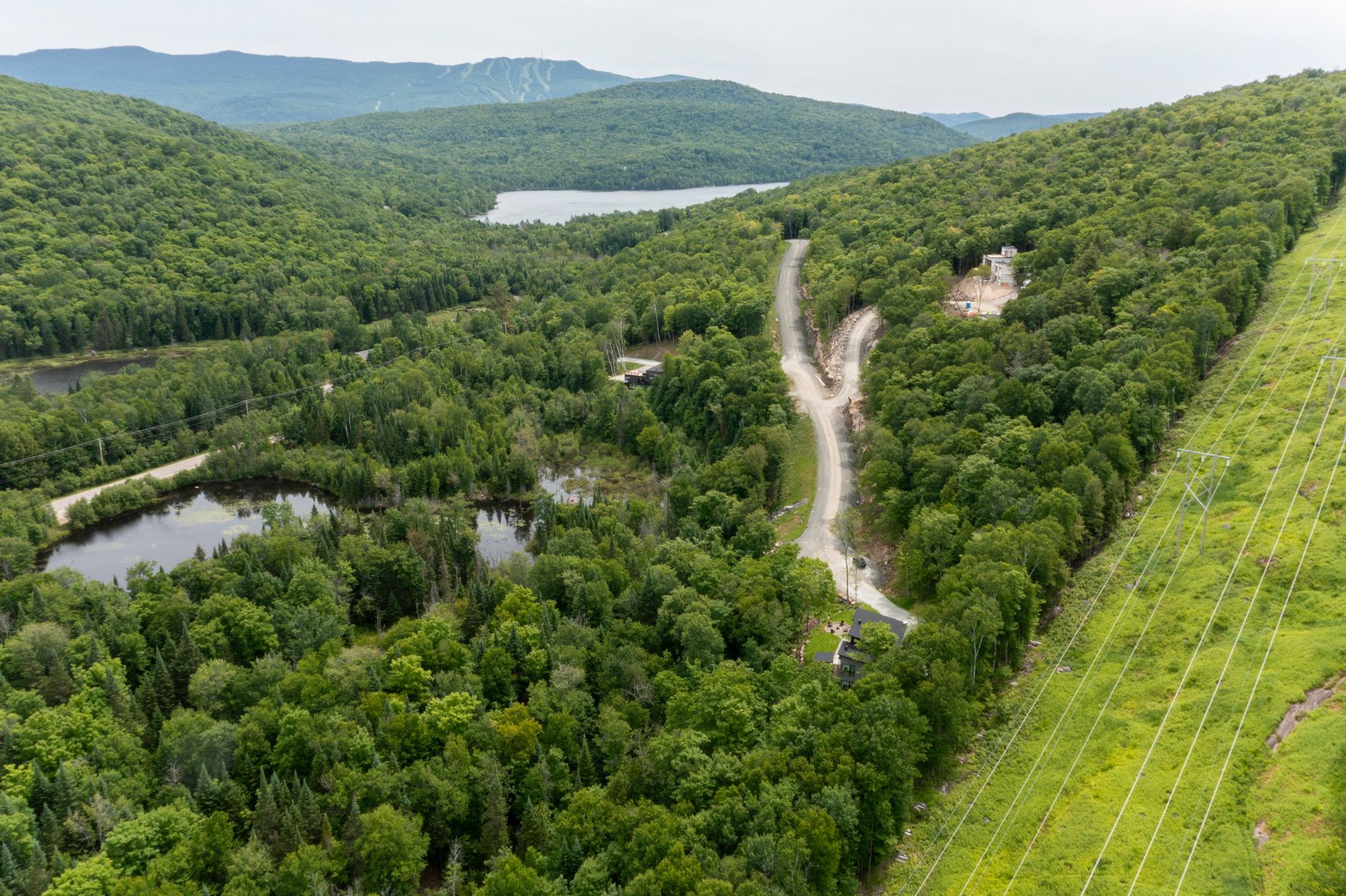 Vue aérienne d'un chemin de terre traversant une forêt verdoyante et de petits étangs dans une région montagneuse.