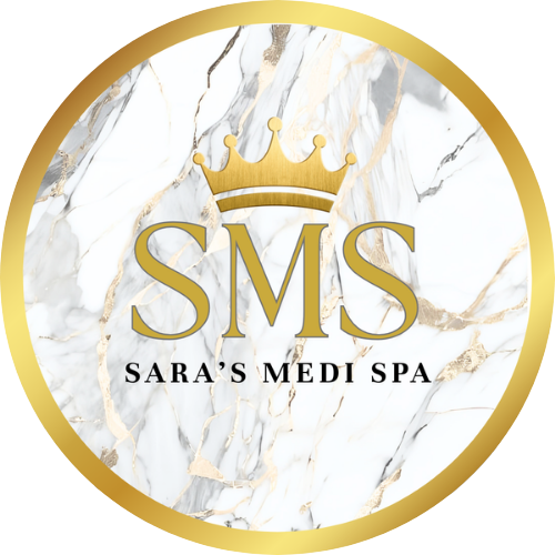 Logo for Sara's Medi Spa. Gold crown above 