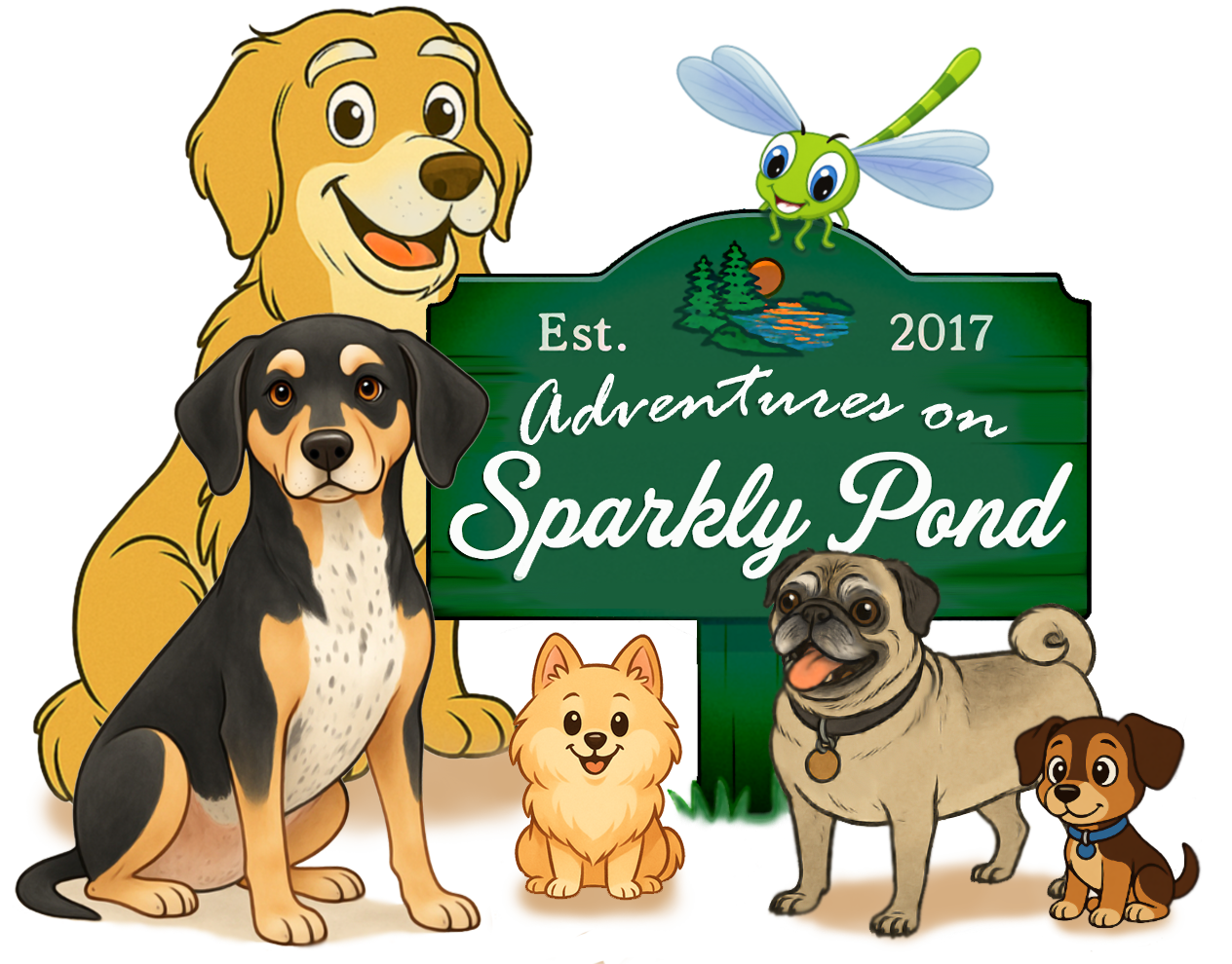 children's book illustration of Sparkly Pond with several dogs sitting in front of the Sparkly Pond sign and Ripplefly the Dragonfly flying overhead.