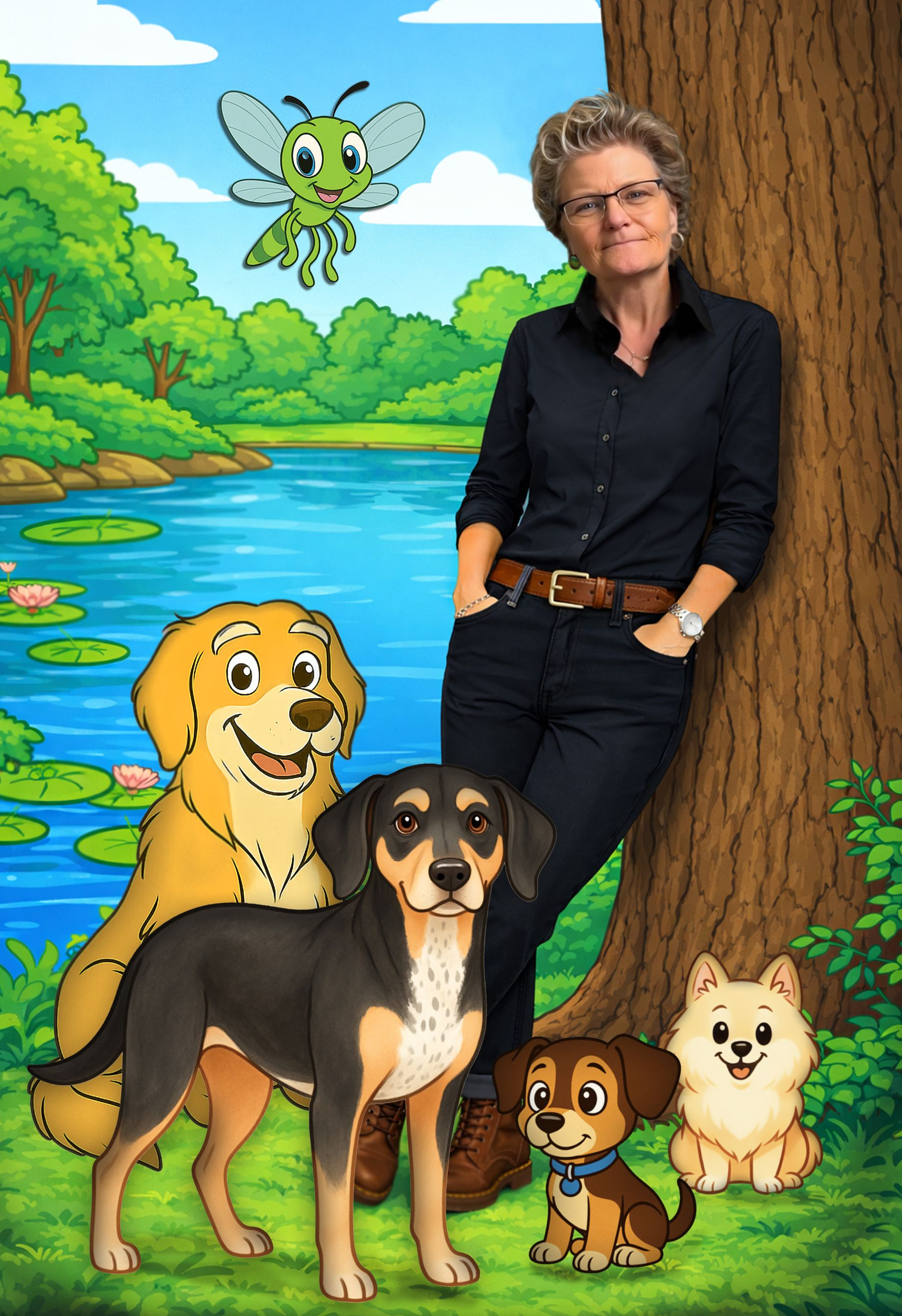 drawing of lily ann fenwyn the author of Adventures on Sparkly Pond, with animated characters Ripplefly, Maggie, Lillie, Annie, and Bella.