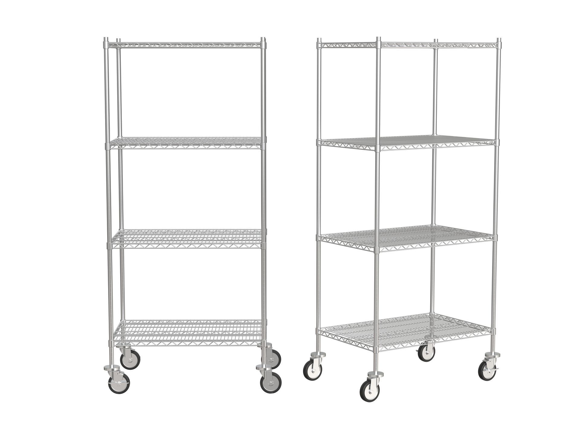 Two metal wire shelving racks on wheels standing side by side against a plain white background
