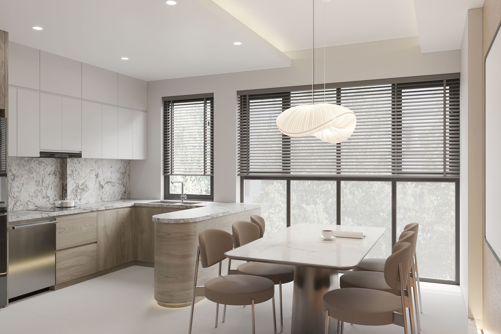 View of a modern, beige kitchen and dining area with custom-made blinds and marble accents.
