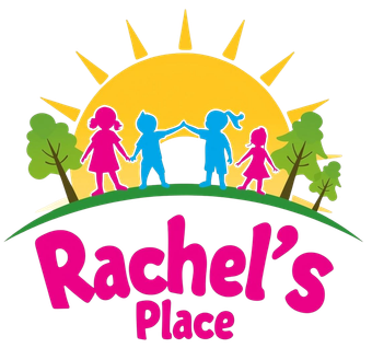 Rachel’s Place logo with colorful children silhouettes, sun, trees, and a green arc behind pink text