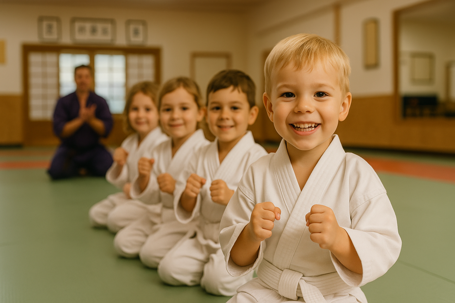 A group of young children are sitting on a mat in a karate class