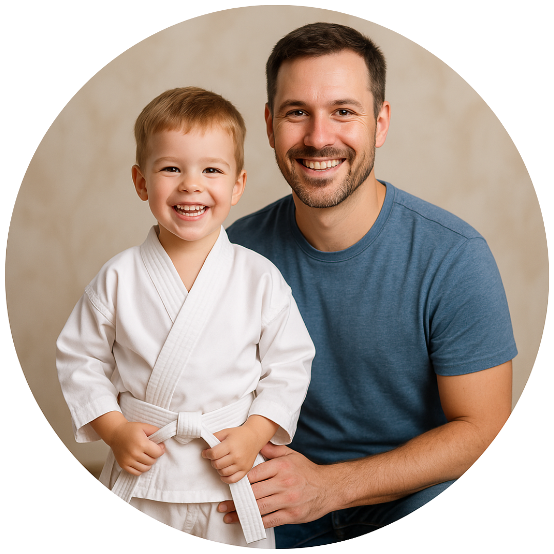 A man and woman are holding a little boy in a karate uniform.
