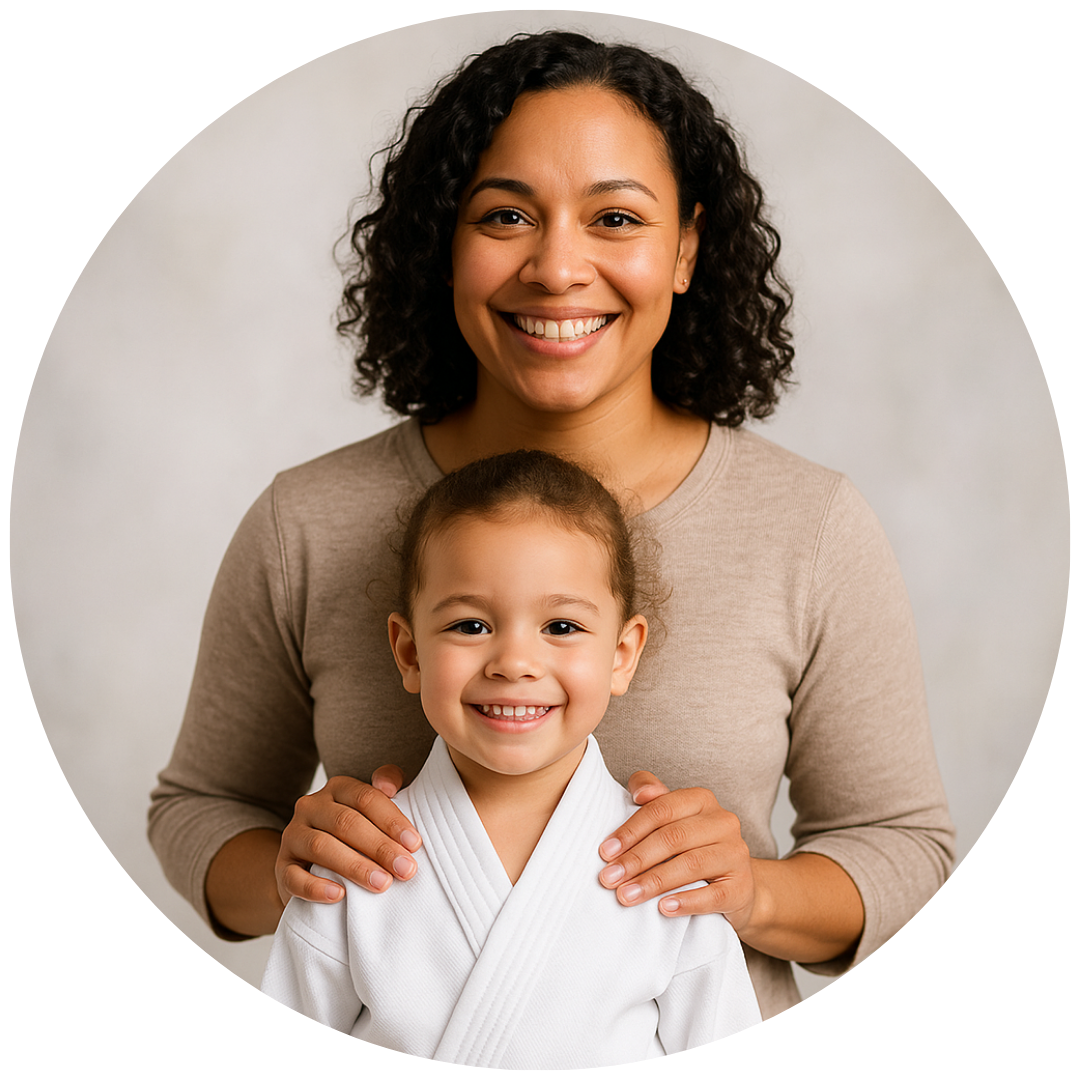 A woman is holding a child who is wearing a purple belt