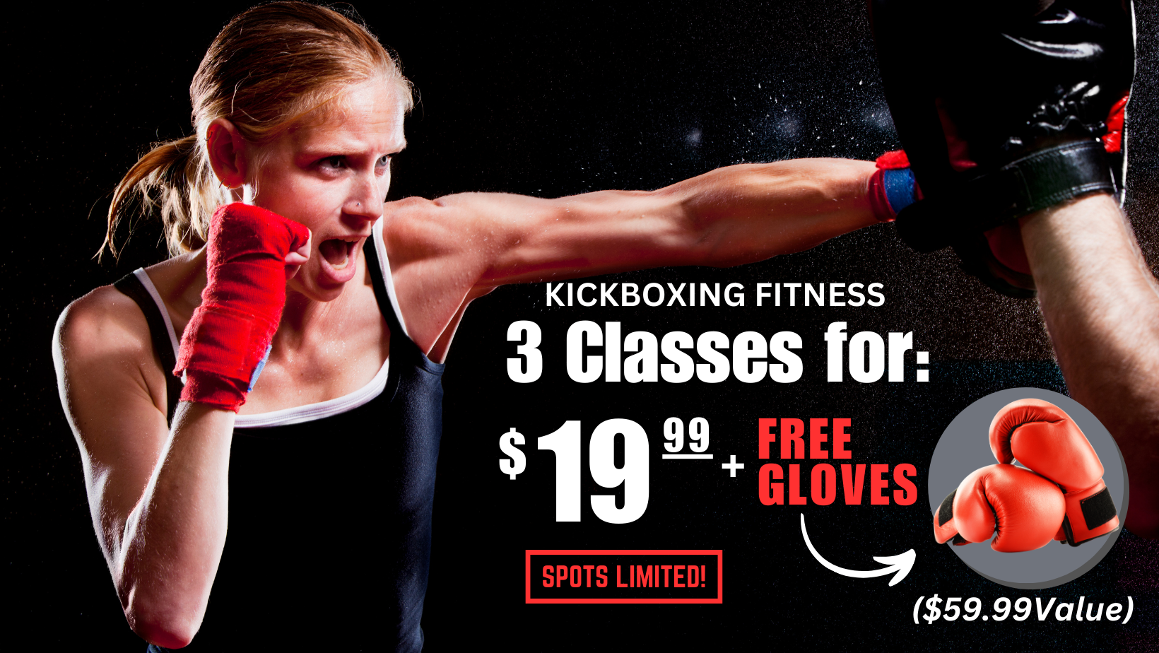 A woman is kickboxing with a pair of free gloves.