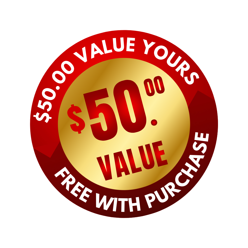 A sticker that says $ 50.00 value yours free with purchase