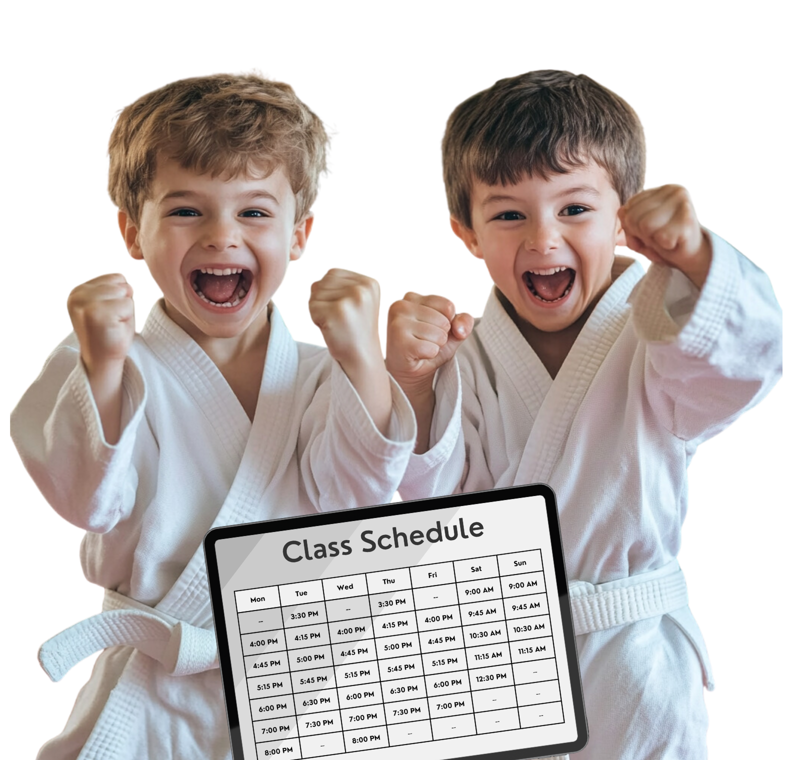a young boy and a girl wearing karate uniforms are standing back to back and smiling