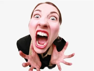 A woman is screaming with her mouth wide open and her hands outstretched.