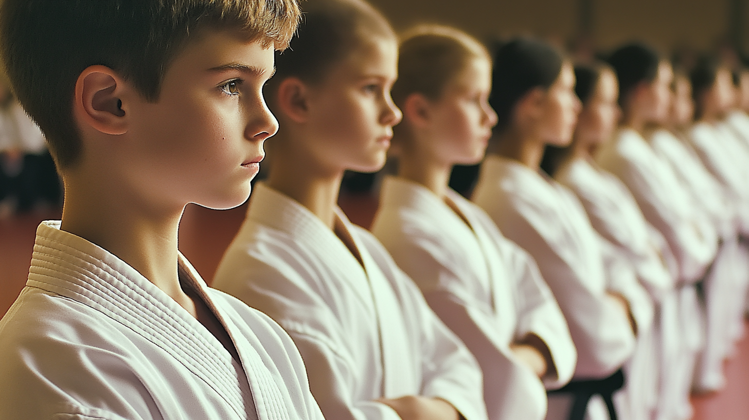 A group of young boys and girls in karate uniforms are standing in a row with their arms crossed.