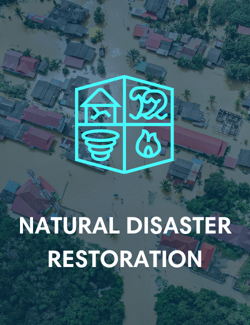 A flooded town with sitting water surrounding all building. Graphic and text overlaid representing Natural Disaster Restoration Servies.