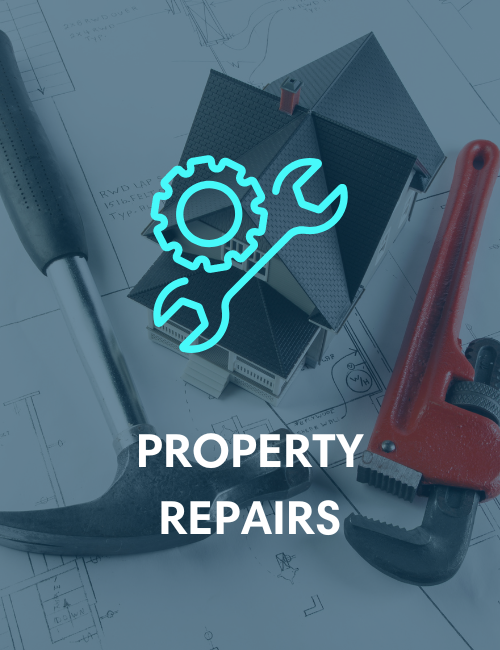 A hammer a wrench and a pipe wrench are on a blueprint with the words property repairs below them