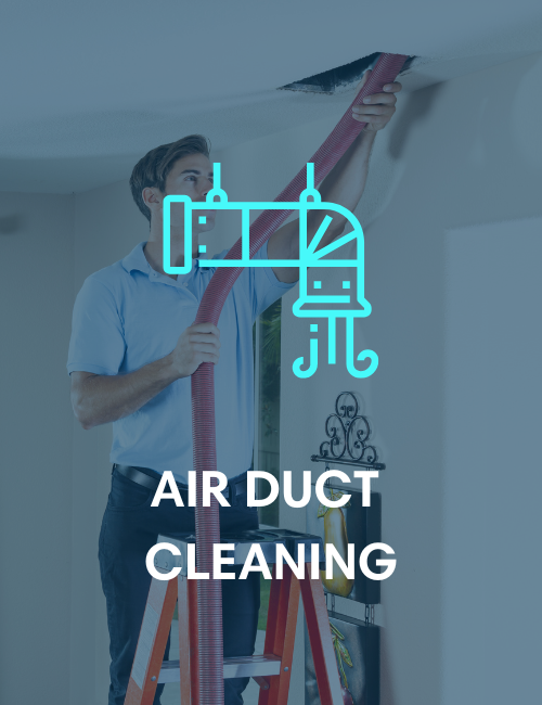 A man is on a ladder cleaning air ducts