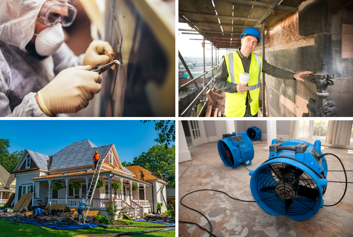Four images showing construction work: asbestos removal, exterior building inspection, roof repair, and flood damage remediation.