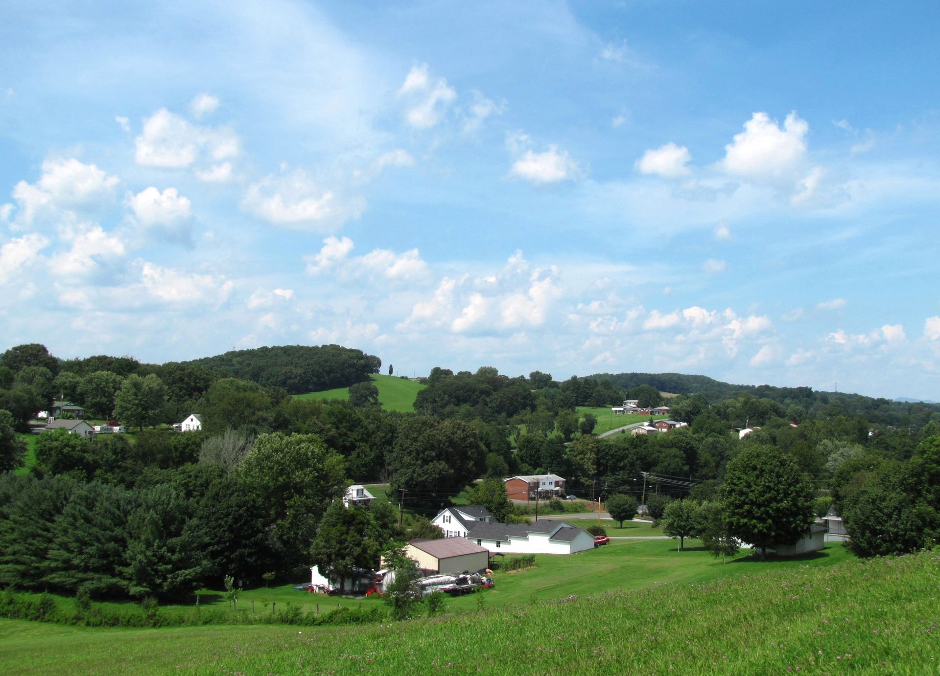 A lush green field with trees and houses in the background in Church Hill Tennessee