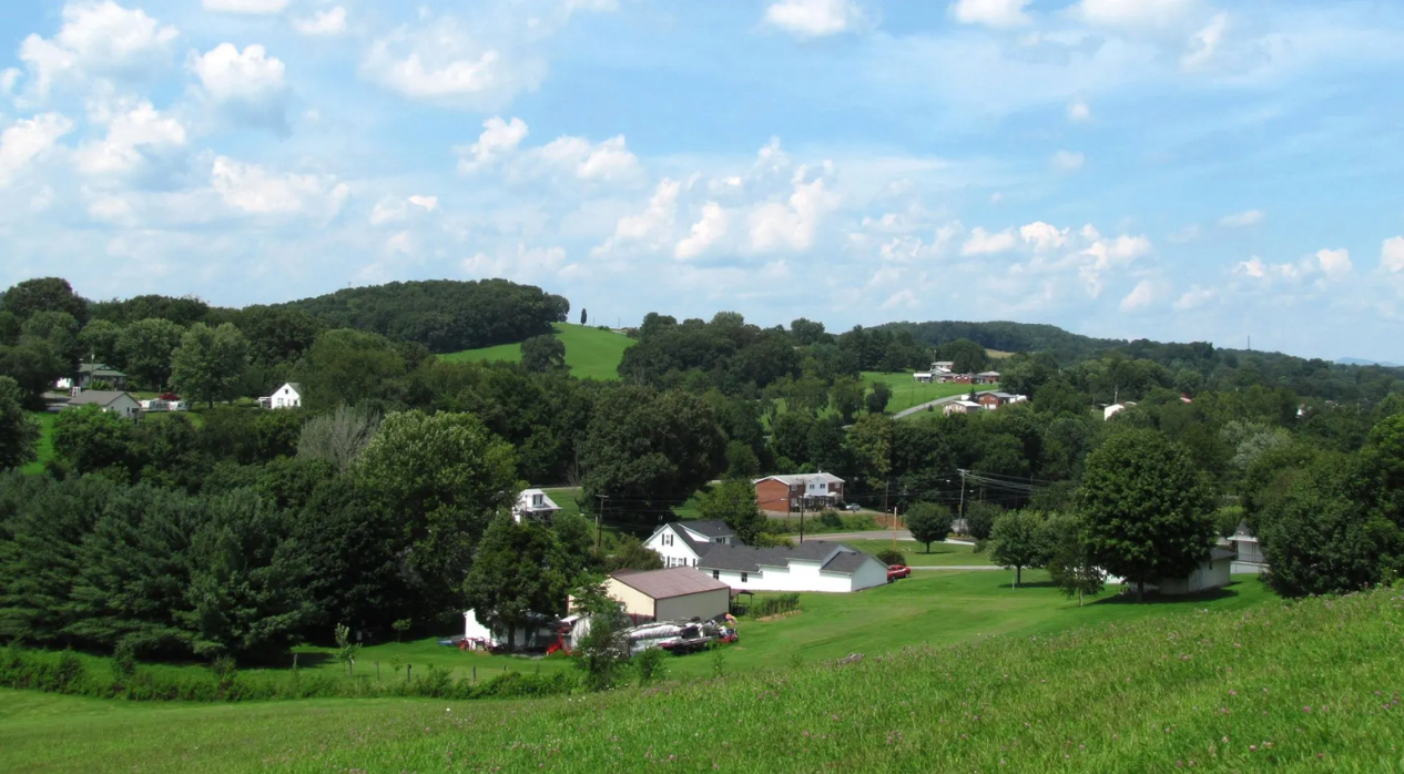 A lush green field with trees and houses in the background in Church Hill Tennessee