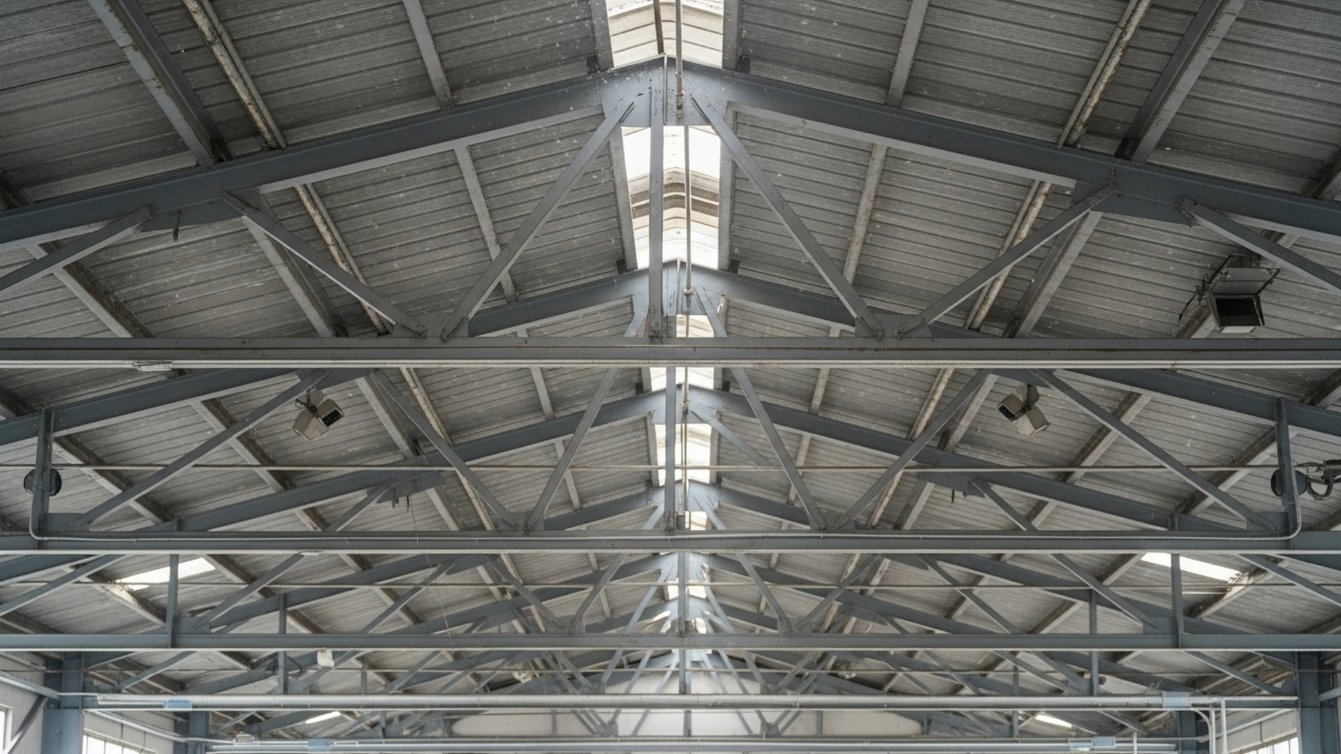 Contact Us Steel-framed interior of a building with a gabled roof and skylights.