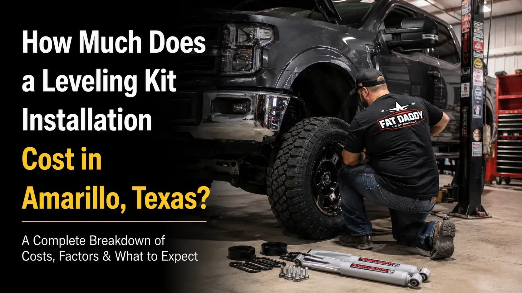 A technician installing a leveling kit on a black truck at Fat Daddy Performance, highlighting professional modifications that prevent issues like: Can a supercharger damage your engine?