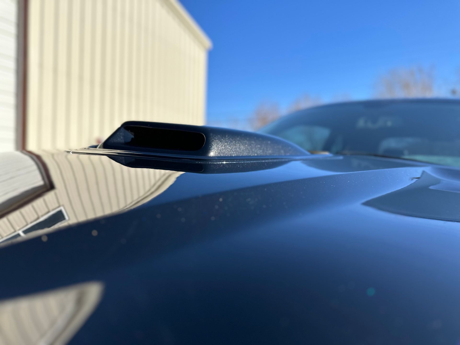 Black car hood with a black scoop against a building and blue sky.
