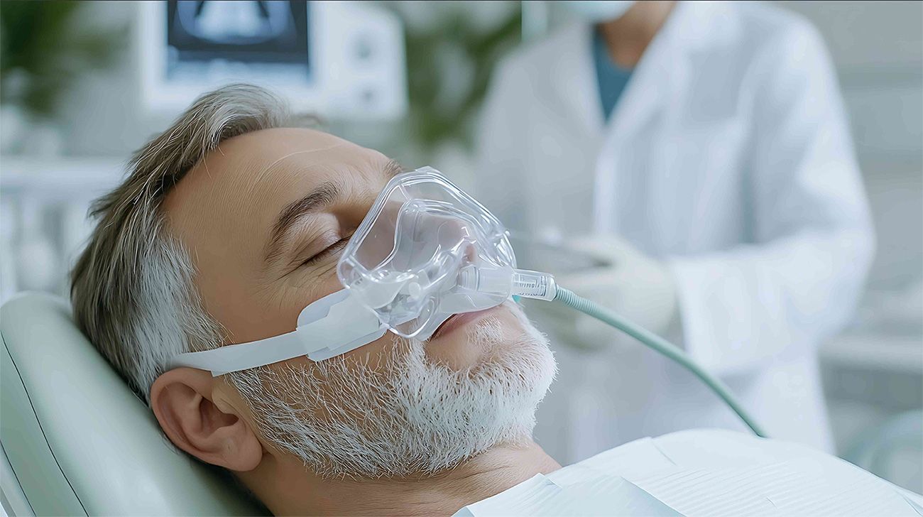 A man is pointing at his teeth and smiling.