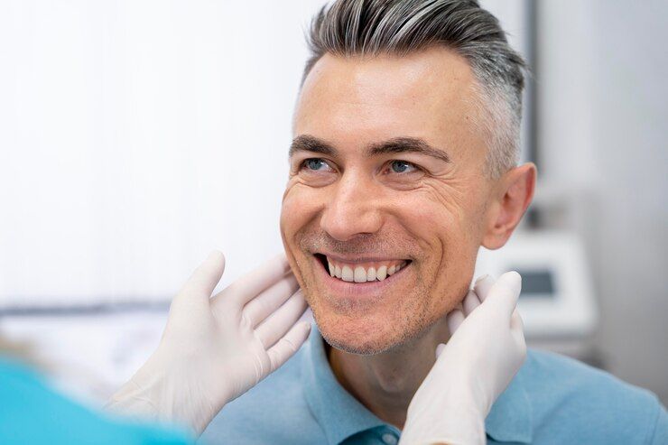A man is smiling while a doctor examines his face.