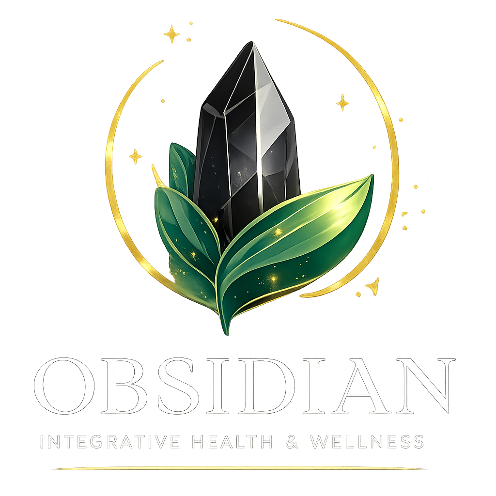 Obsidian wellness logo with a black crystal, green leaves, and gold circular accents on white background