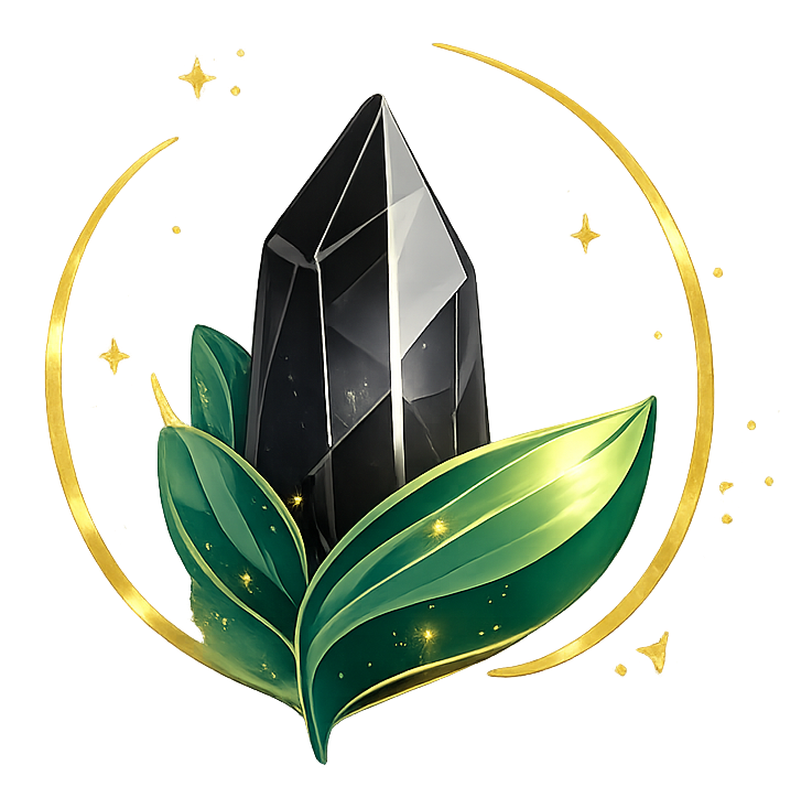 Black crystal shard with green leaves and a golden ring on a white background