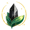 Black crystal shard with green leaves and a golden ring on a white background