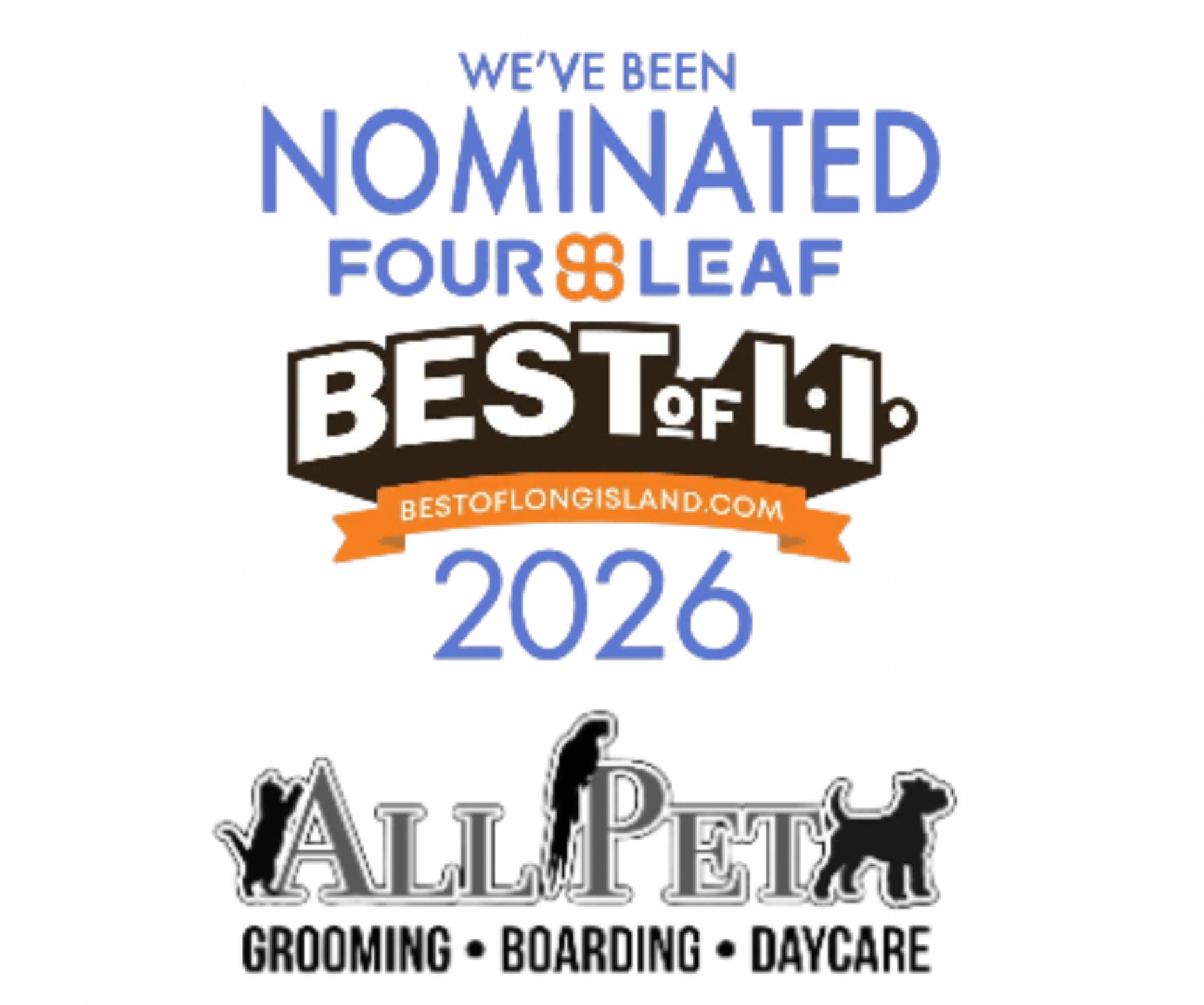 A sign that says we 've been nominated best of long island in 2025 - Miller Place, NY - All-Pet Groomery A sign that says we 've been nominated best of long island in 2025