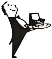 A black and white drawing of a man in a tuxedo holding a tray.