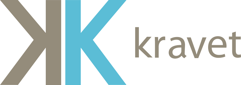 A blue and gray logo for a company called kravet.