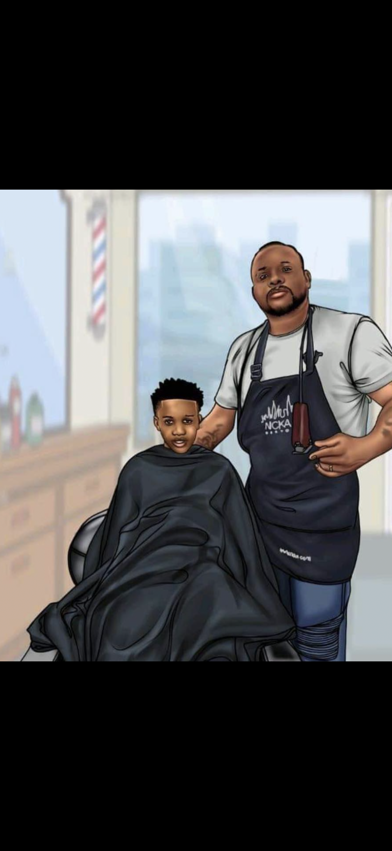 Barber in apron holding clippers, smiling, leans on a barber chair in a barbershop.