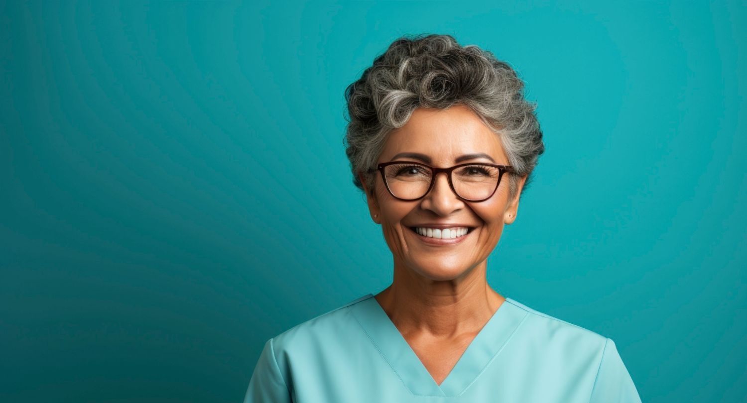 A nurse wearing glasses and a scrub is smiling for the camera.
