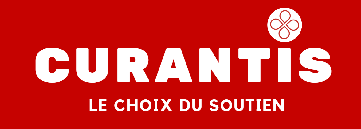 A red and white logo for curantis le choix du soutien