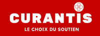 A red and white logo for curantis le choix du soutien