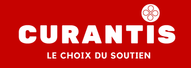 A red and white logo for curantis le choix du soutien