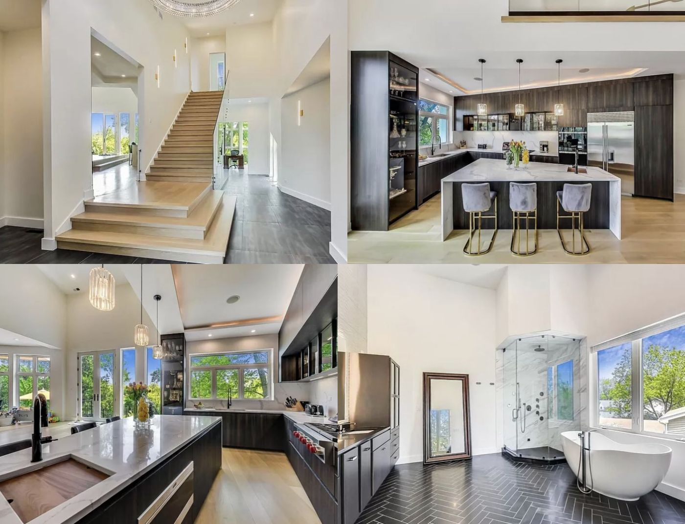 Four luxury home interior views: entry with stairs, modern kitchen, kitchen with island, and bathroom with tub.