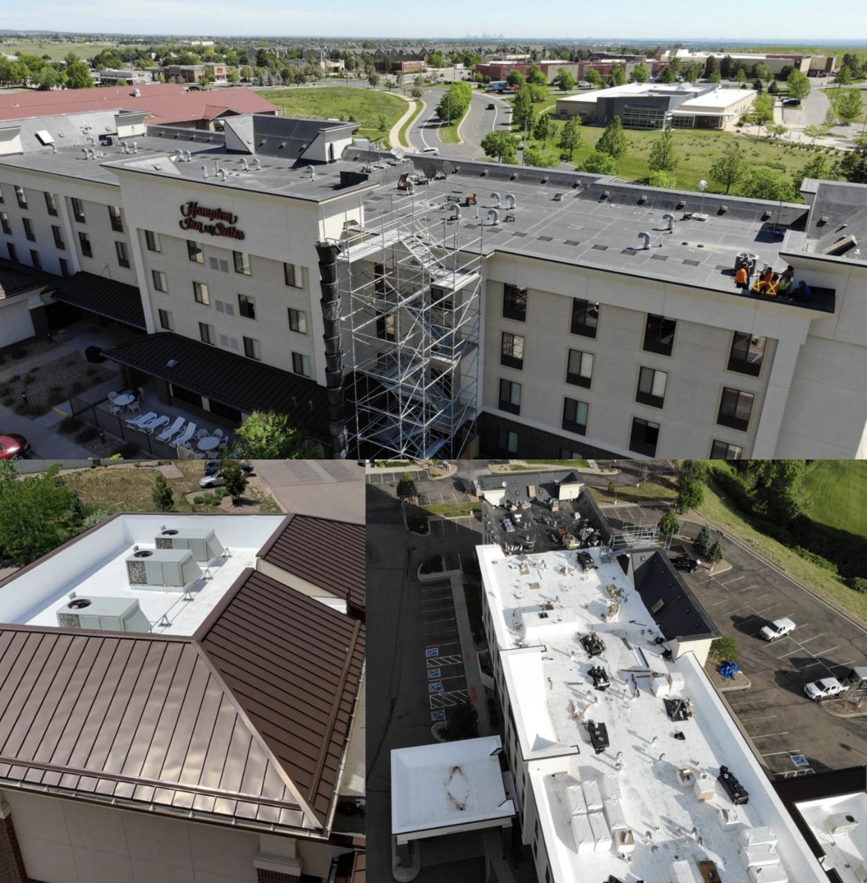 Aerial view of hotel with roofing work in progress. Scaffold, multiple roof sections, and surrounding landscape visible.