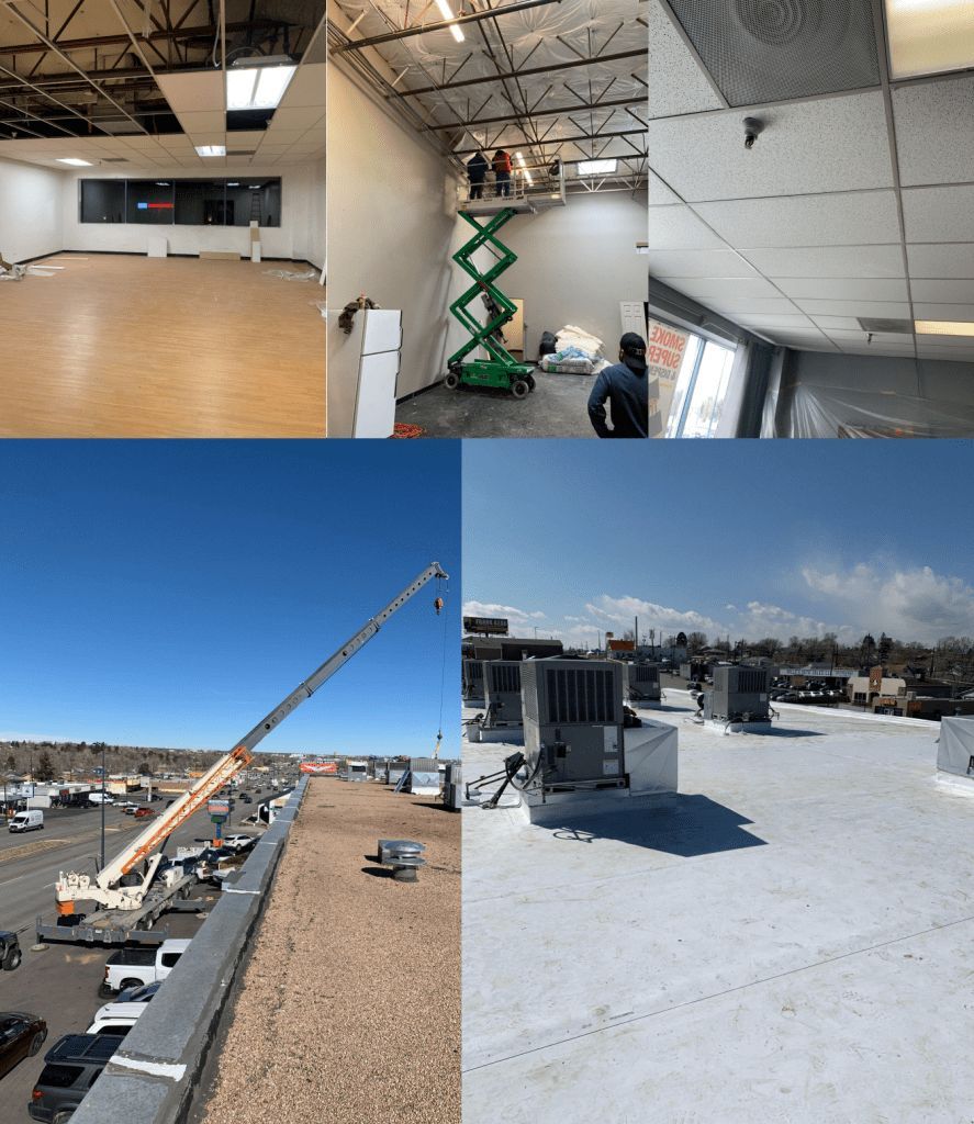Four images: Interior construction, a lift with workers, a crane, and HVAC units on a roof.
